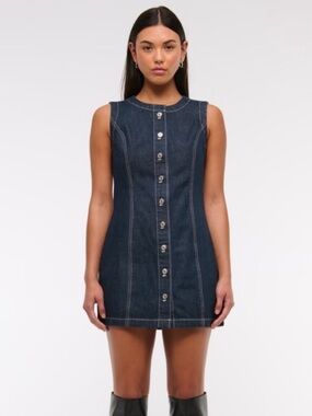 Abercrombie & Fitch Mara High Neck Denim Mini Dress In Dark Blue Size L